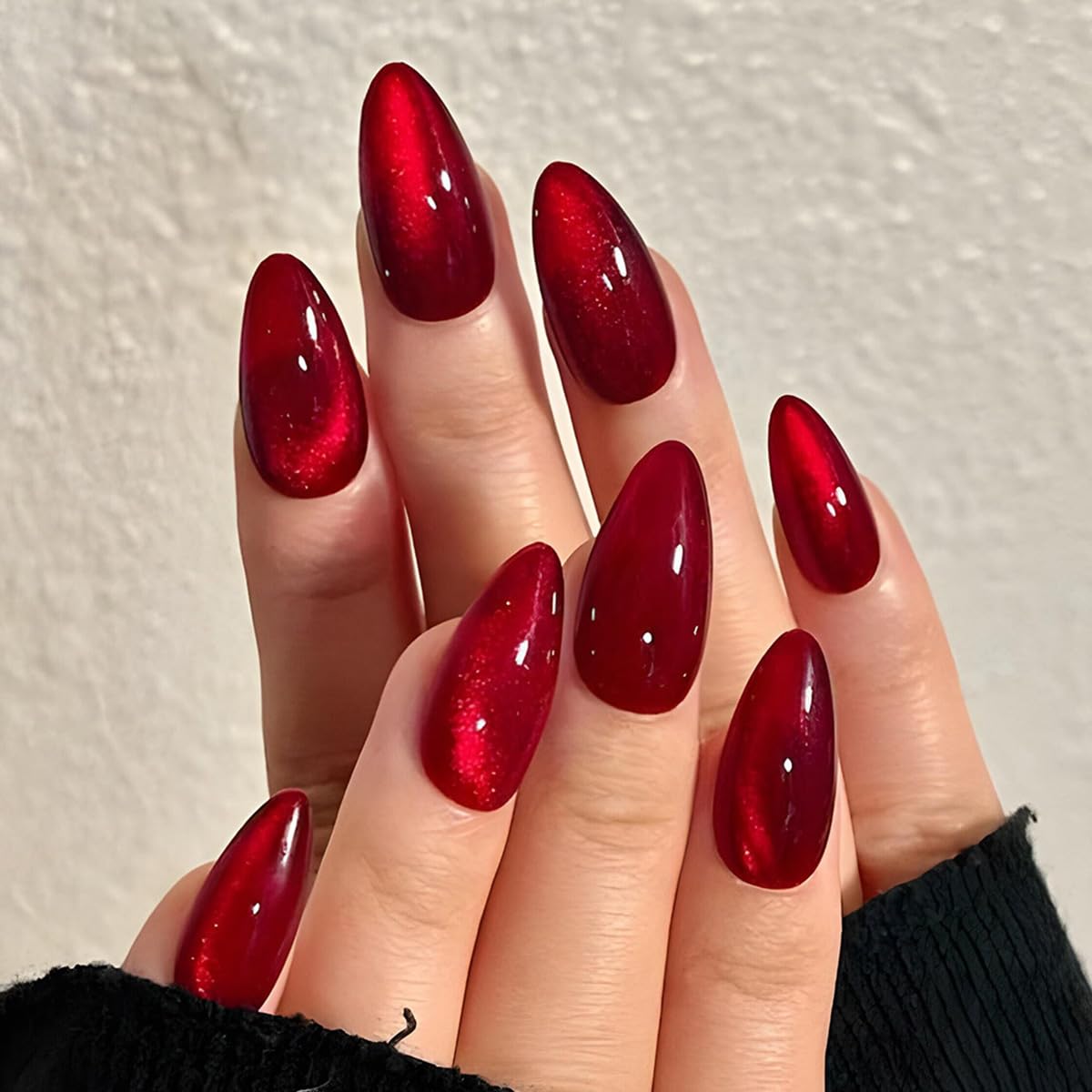24 Pcs Spring Red Press on Nails Short Almond - YEFIUO Cat's Eye Nail Tips Acrylic Nail Kit Fake Nails Press ons French Glue on Nails Short Nail Art Full Cover Glitter False Nails for Women