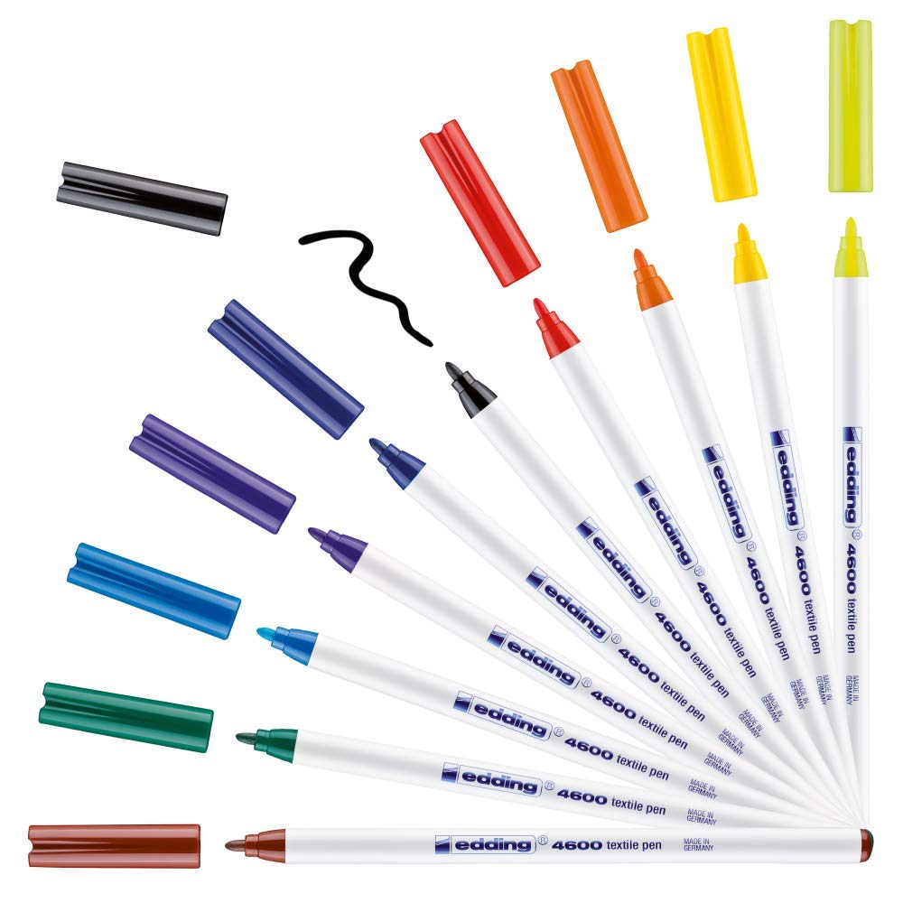 edding 4600 textile pen - box of 10 colours - round nib 1 mm - permanent fabric pens for drawing on textiles, wash-resistant to 60 °C - fabric pen