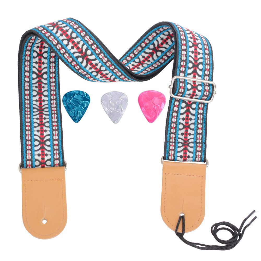 Rufun Guitar Strap Retro Adjustable Jacquard Weave Vintage Accessory for Basse Electric Acoustic Guitar, 3 Picks Included (Blue)