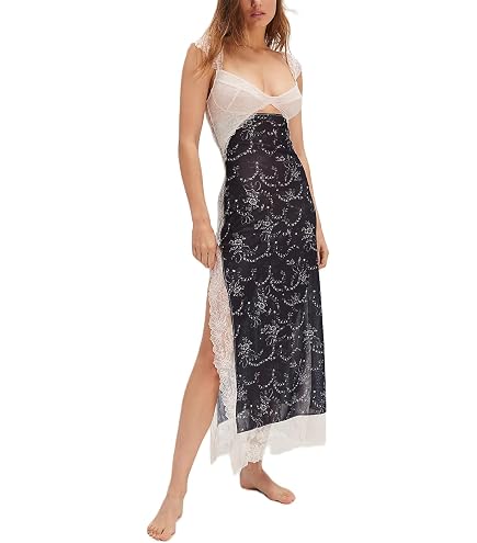 Women Sexy Lace Patchwork Mesh Dress Floral Print Cutout Sweetheart Neck Backless Slit Summer Maxi Dress(White Black, Small,) at Amazon Women's Clothing store