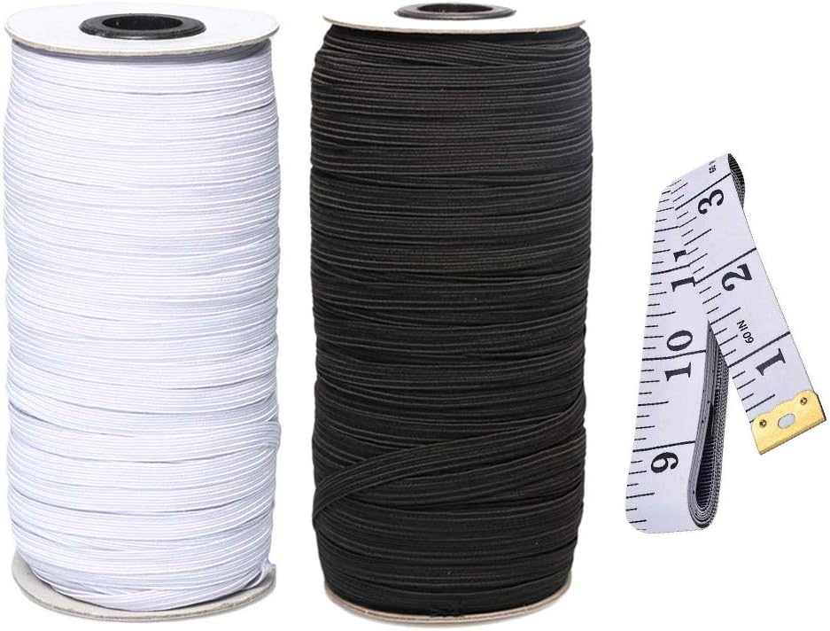2 Roll Braided Elastic Cord 70-Yards Length 1/4" Width Elastic Band Heavy Stretch Elastic Rope Knit Elasticity Bungee for Sewing Crafts DIY, Mask, Bedspread, Cuff(1 White & 1 Black & 1 Tape Measure)