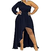 Ekaliy Women's Plus Size One Shoulder Maxi Dress Long Sleeve High Low Irregular Hem Flowy Long Party Cocktail Dress