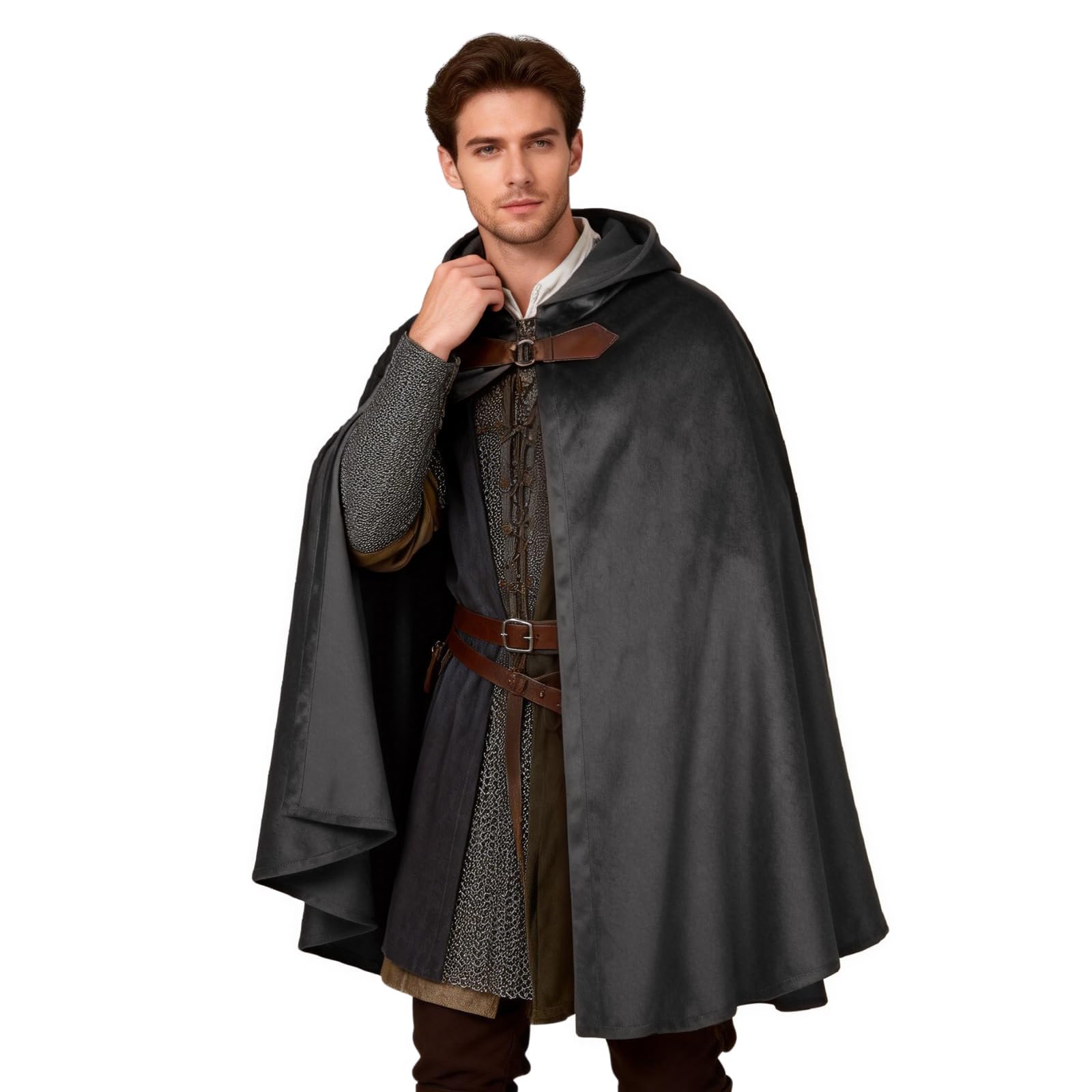 HAPNBCELE Adults Medieval Cloak with Hood, Renaissance Cape Costume Halloween Wizard Cosplay LARP Renaissance Fair RPG Party (Black, 31.5“/80cm)