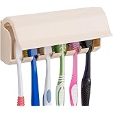 Linkidea Wall Mounted Toothbrush Holder with Cover for Shower, RV Cabinet Organizer, Plastic Self Adhesive 6 Slots Tooth Brus