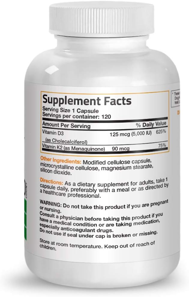 Vitamin K2 (MK7) with D3 Supplement Bone and Heart Health Non-GMO Formula 5000 IU Vitamin D3 & 90 mcg Vitamin K2 MK-7 Easy to Swallow Vitamin D & K Complex, 120 Capsules: Health & Personal Care