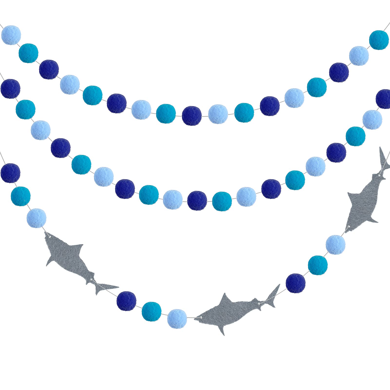 Photo 1 of 3 Pieces Shark Pompom Ball Garland Ocean Theme Banner Decoration Blue Felt Ball Hanging for Birthday Wedding Beach Sea Themed Party Supplies