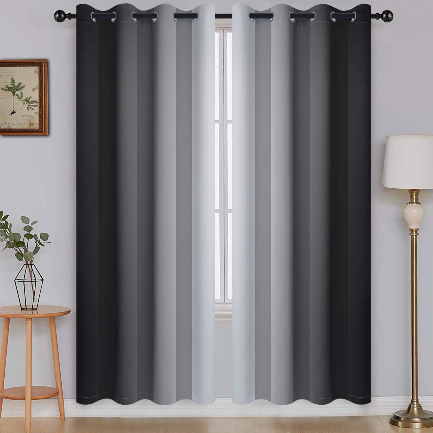 SimpleHome Ombre Room Darkening Curtains for Living Room, Light Blocking Gradient Black to Grey White Thick Thermal Insulated Grommet Window Curtains/Drapes for Bedroom, 2 Panels, 52x72 inches Length — image 1