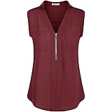 Moyabo Women's V Neck Zip Up Sleeveless Tank Tops/3/4 Cuffed Sleeve Casual Blouse Chiffon Shirts with Pockets