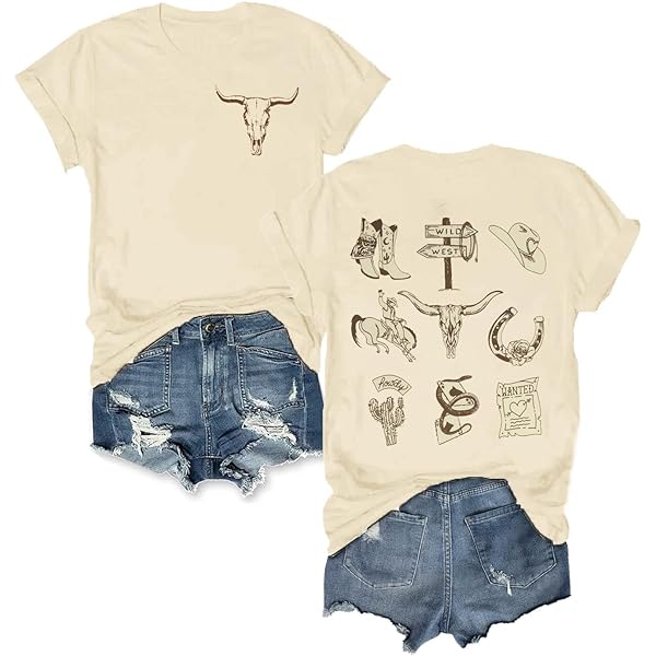 Camiseta De Manga Corta Para Mujer, Diseño De Calavera De Vaca Y Rodeo, Estilo Vintage, Con Estampado Occidental, Camiseta Casual, Albaricoque