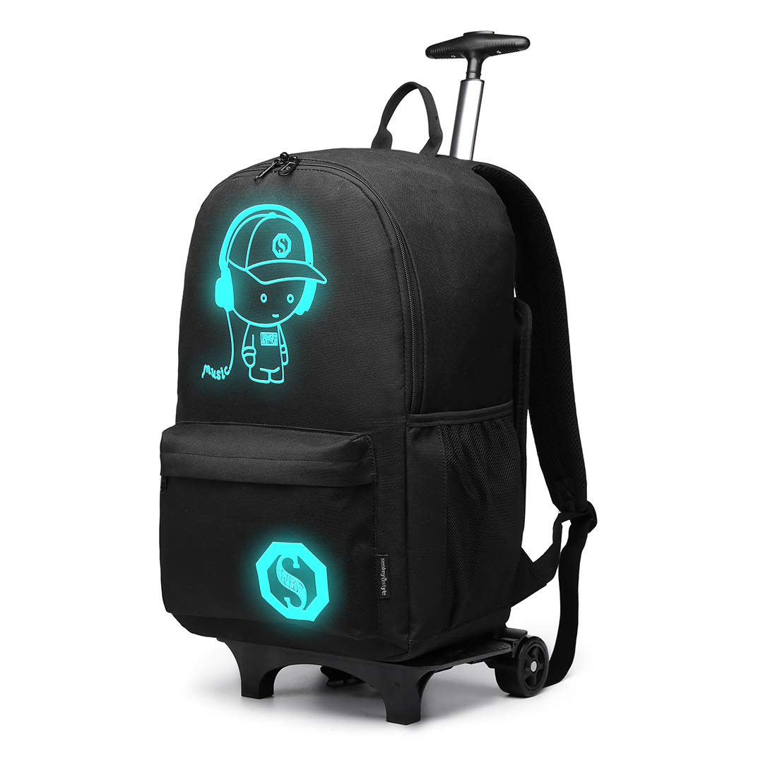 Kono Functional Laptop Rucksack with Rolling Wheels Lightweight and Waterproof Luminous Music Boy Detachable Trolley Backpack Cabin Luggage Bag (Black)