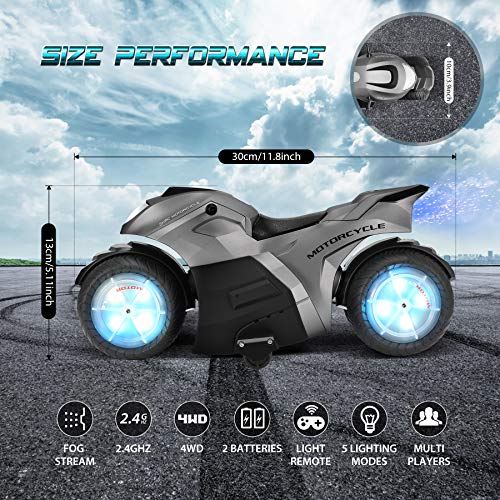 RC Motorcycle for Kids,Remote Control Car Toy for Boy and Girl,360° Spinning Action Rotating Drift Stunt Motorbike,2WD High Speed,Two Rechargeable Battery,Birthday for Kids
