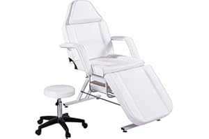 GLANZEND Facial Salon Tattoo Chair with 2 Trays, Esthetician Bed with Hydraulic Stool, Adjustable 3-Section Massaging Table, Beauty Barber Spa Equipment, White