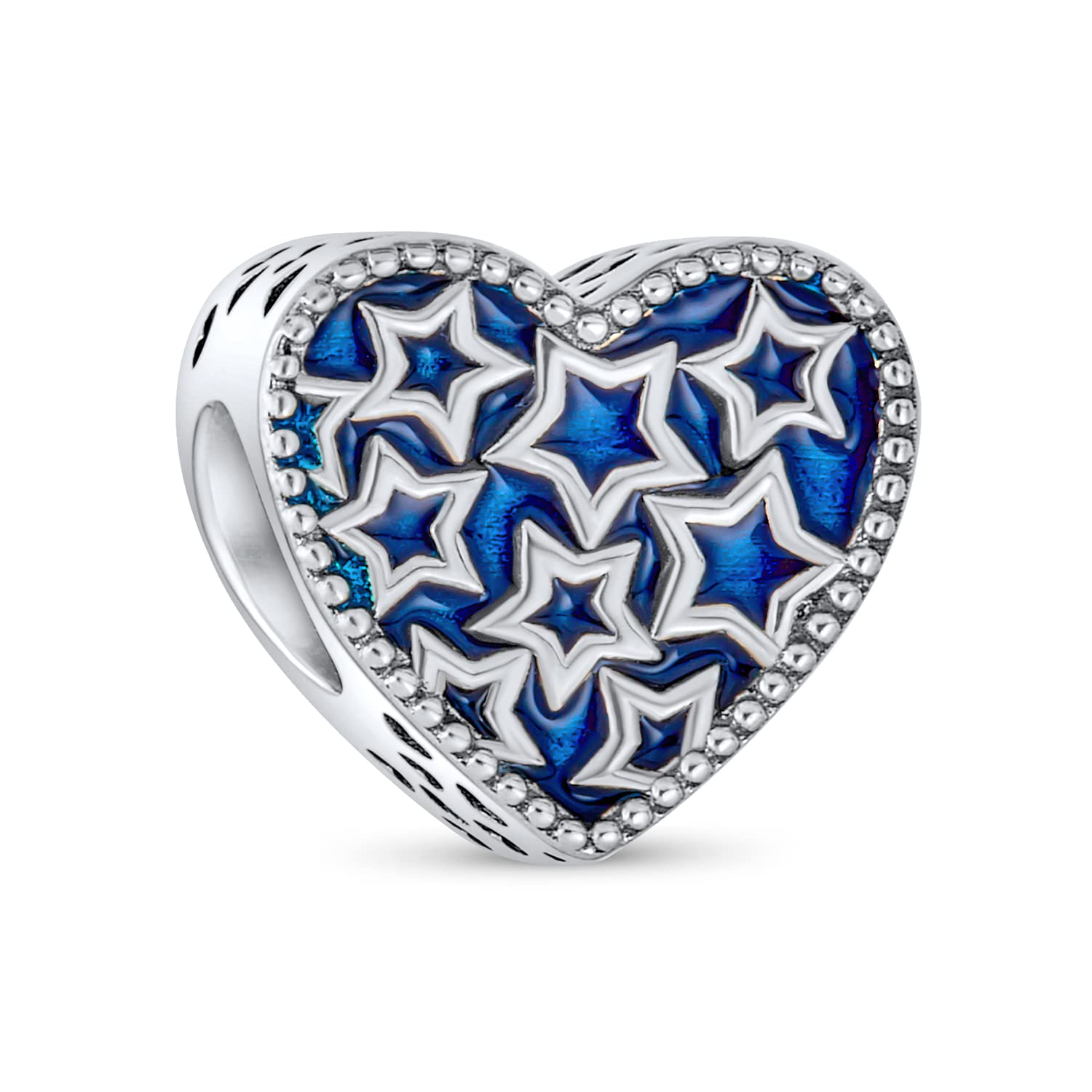 Bling Jewelry Holiday American USA Patriotic Celestial Midnight Blue Sky Multi Stars Heart Shape Charm Bead For Women Teen .925 Sterling Silver Fits European Bracelet