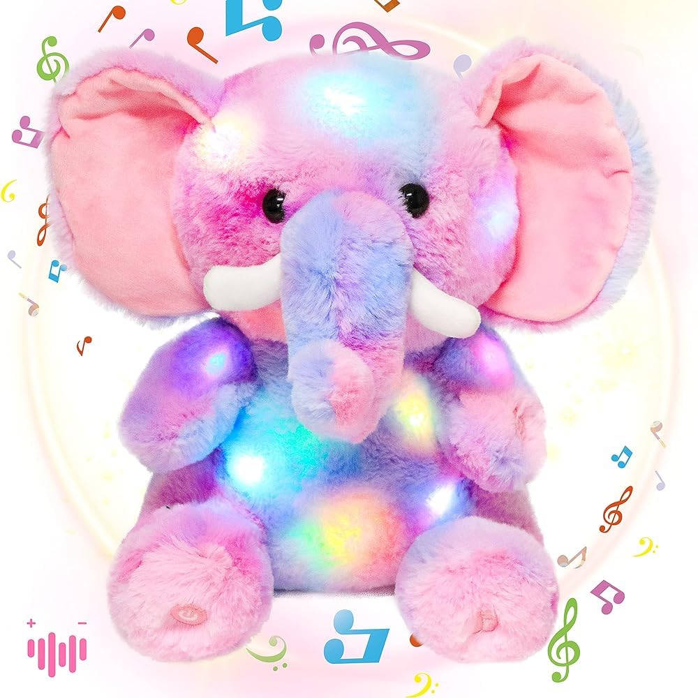 Photo 1 of Hopearl Colorful LED Musical Stuffed Elephant Light up Singing Plush Elephish Adjustable Volume Lullaby Animated Soothe Birthday Festival for Kids Toddlers, Rainbow, 11''