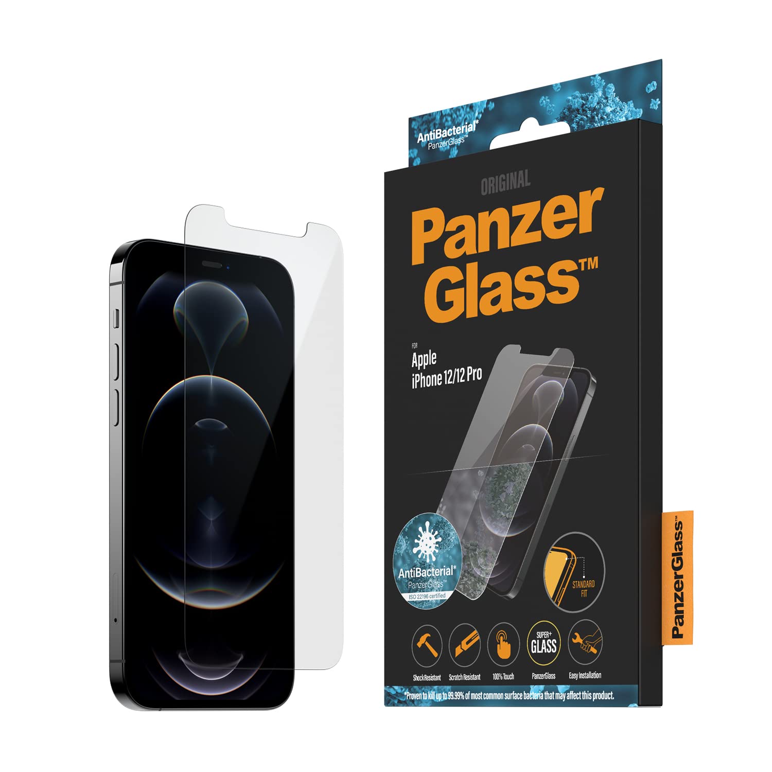 PanzerGlass 2708 Antibacterial protective glass suitable for Apple iPhone 12/12 Pro, standard fit