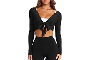 LASLULU Womens Tie Front Wrap Tops Long Sleeve Bolero Shrugs Crop Cardigan Yoga Ballet Cover up Tops Pilates Outfits