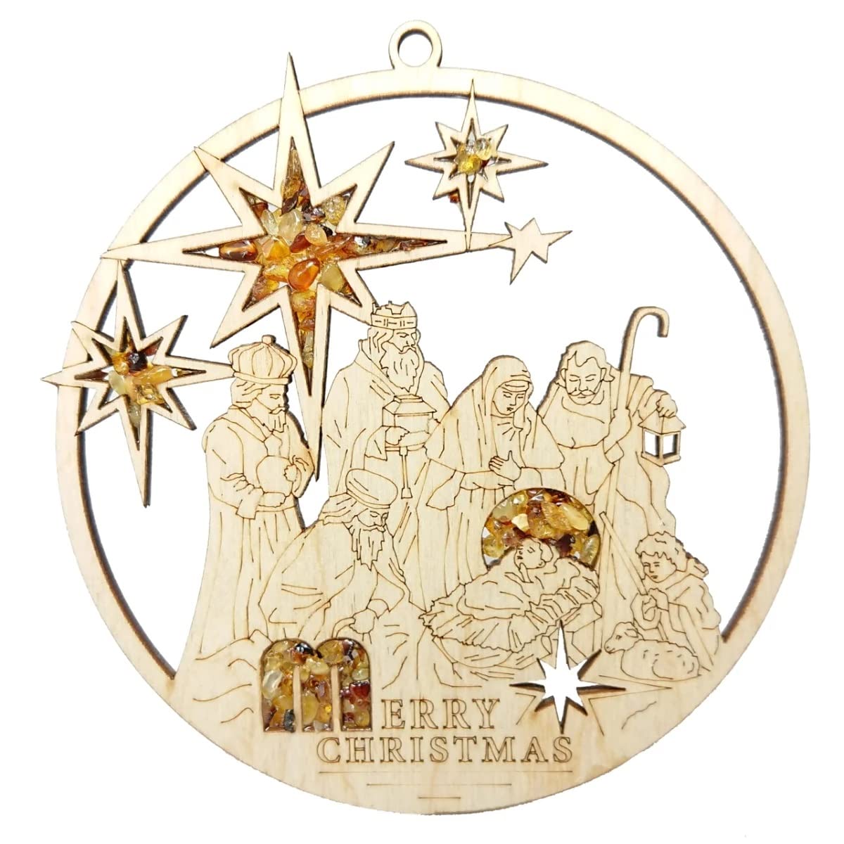 Window Decoration Suncatcher Amber in Birch Wood Christmas Nativity Scene Diameter 11 cm Including Gift Packaging