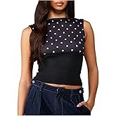 RoseSeek Women's Sleeveless Tank Top Polka Dots Patchwork Boat Neck Slim Fit Crop Tops Streetwear