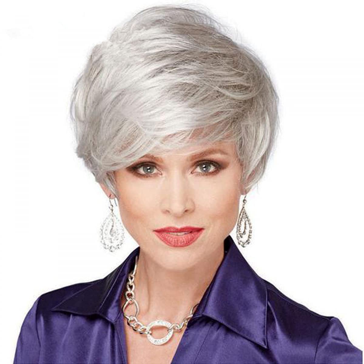 Grey Wig, Temperament Oblique Bangs Texture, Fluffy Short Hair, Silver Gray Middle-Aged and Elderly Womens Wig, Natural Daily Use Hair Suitable for Girls and Women