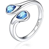 Silvora 925 Sterling Silver Adjustable Ring Wrap Birthstones Open Rings for Women Ring with 2 Pear Shaped Gemstone, Birthstone Ring for Mother