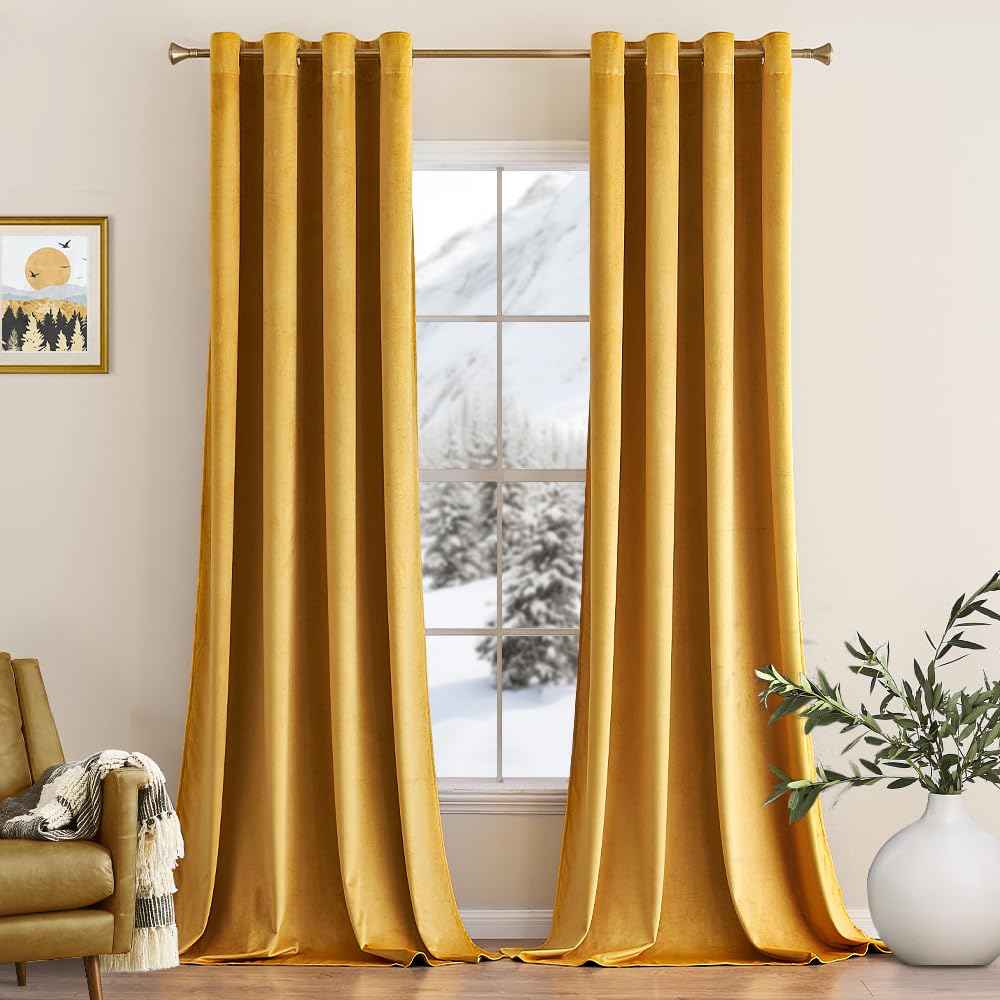 MIULEE Mustard Yellow Velvet Curtains for Bedroom 2 Panel Set 54 Inch Drop Curtains, Soft Elegent Home Decor Velvet Curtain Living Room, Sun Blocking Room Darkening Thermal Eyelet Curtain 46x54 Inch