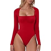 QINSEN Women's Sexy Square Neck Bodysuit Long Sleeve Double Lined Shirt Tops