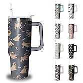 Pug Coffee Tumbler with Handle and Straw, 40 oz Dog Stainless Steel Insulated Cup with Lid and Straw,Travel Coffee Mug Water Bottle, Birthday Christmas Mothers Day Gifts for Animal Lovers Women