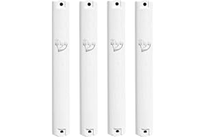 Ateret Judaica 4 Pack Waterproof White Plastic Mezuzah Case with shin Silver | Fit up to 5"/ 12 cm Mezuzah Scroll. Israeli Import | Easy Peel and Stick (Scroll Not Included)