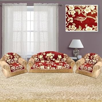 The Intellect Bazaar 450 TC Velvet Sofa Cover Set (6 Pieces)-5 Seater Set, Maroon