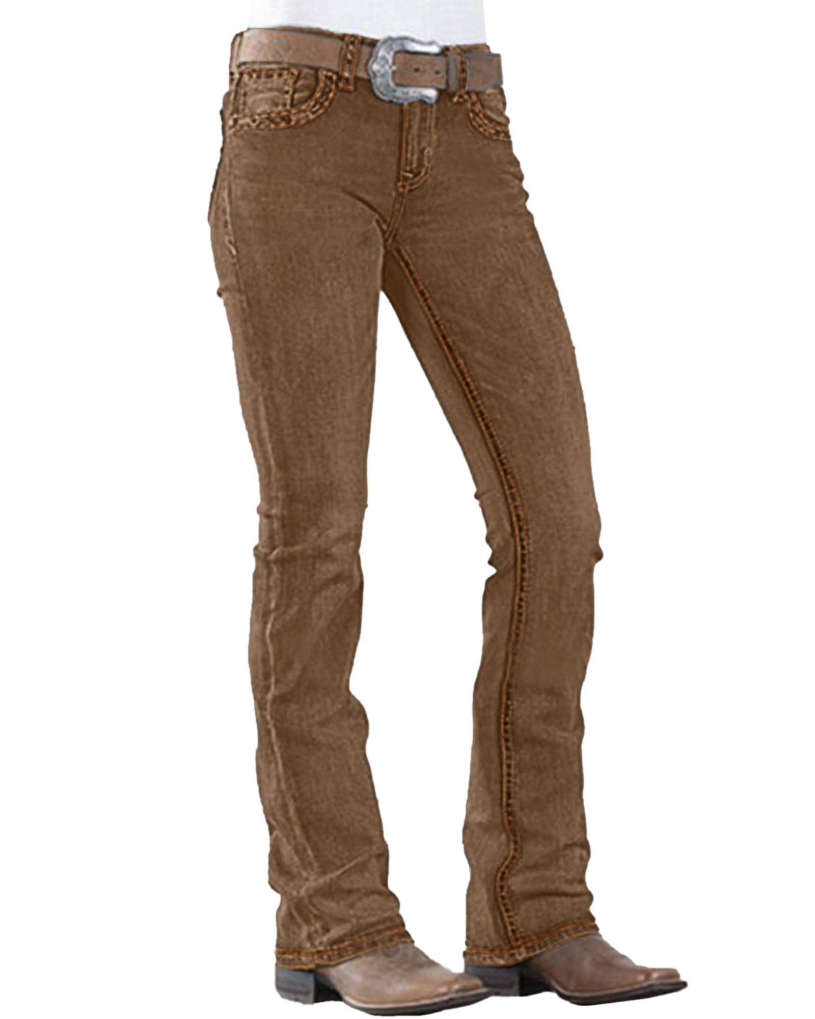 View 1 of **dirty**PEIHOT Jeans for Women Boot Cut Mid Waist Stretch Straight Leg Denim Pants Brown Cowgirl Outfits Fashion
