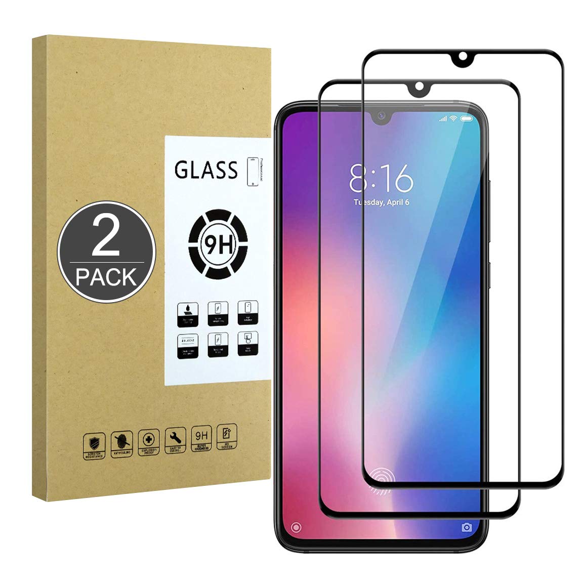 E-Hamii Full-Coverage Film Compatible with Xiaomi Mi 9[Black],[Full Screen Glued][Anti-scratch] Premium 9H Tempered Glass Protective Cover,for Xiaomi Mi 9