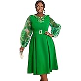AOMEI Women's Long Lantern Sleeve Beaded Round Neck A-line Midi Dress for Church Evening Party