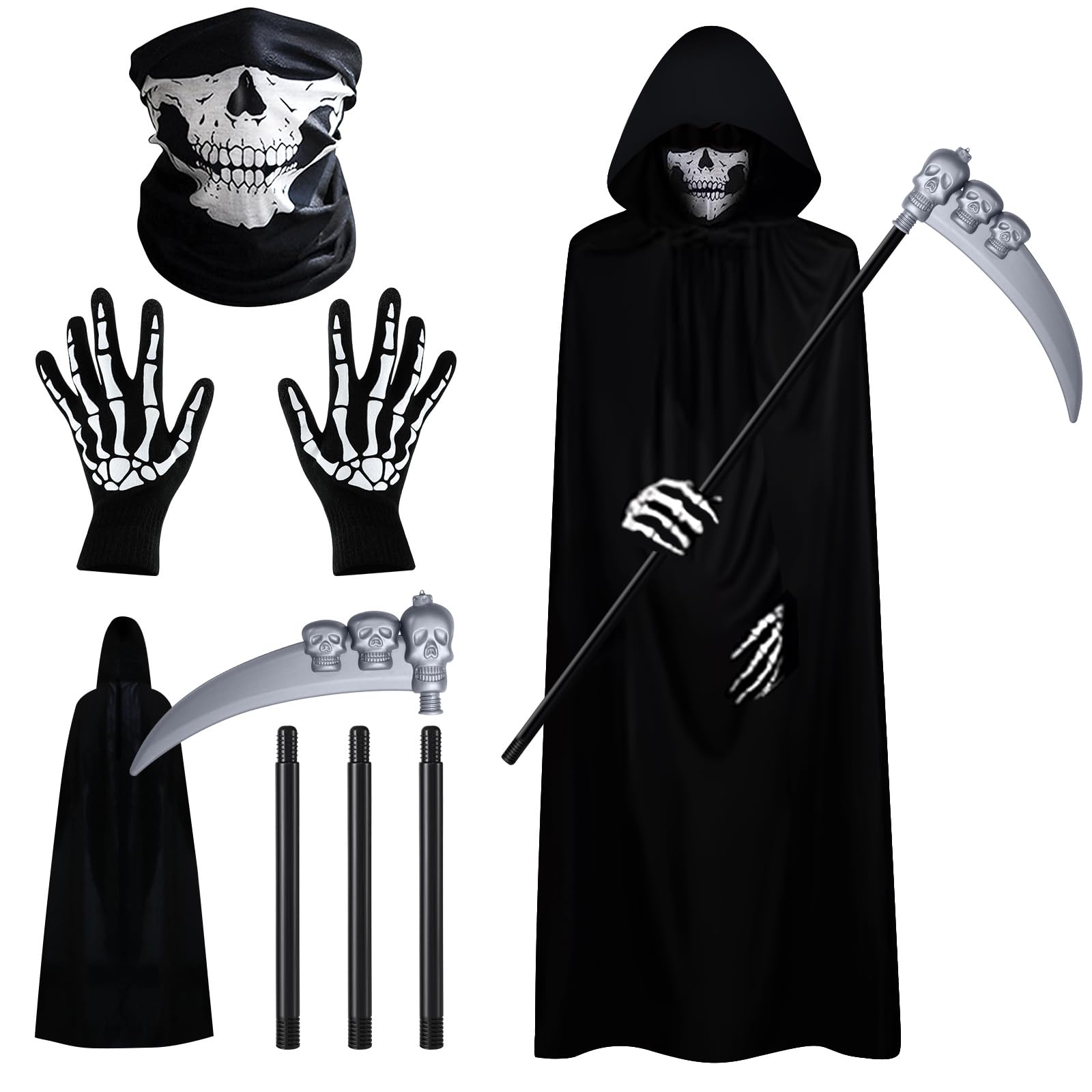DanDun Grim Reaper Costume, Grim Reaper Costume, Halloween Costume Set (Grim Reaper Cloak with Skull Mask, Scythe, Hood, Gloves), Halloween Decoration Cosplay Grim Reaper for Masquerade Party