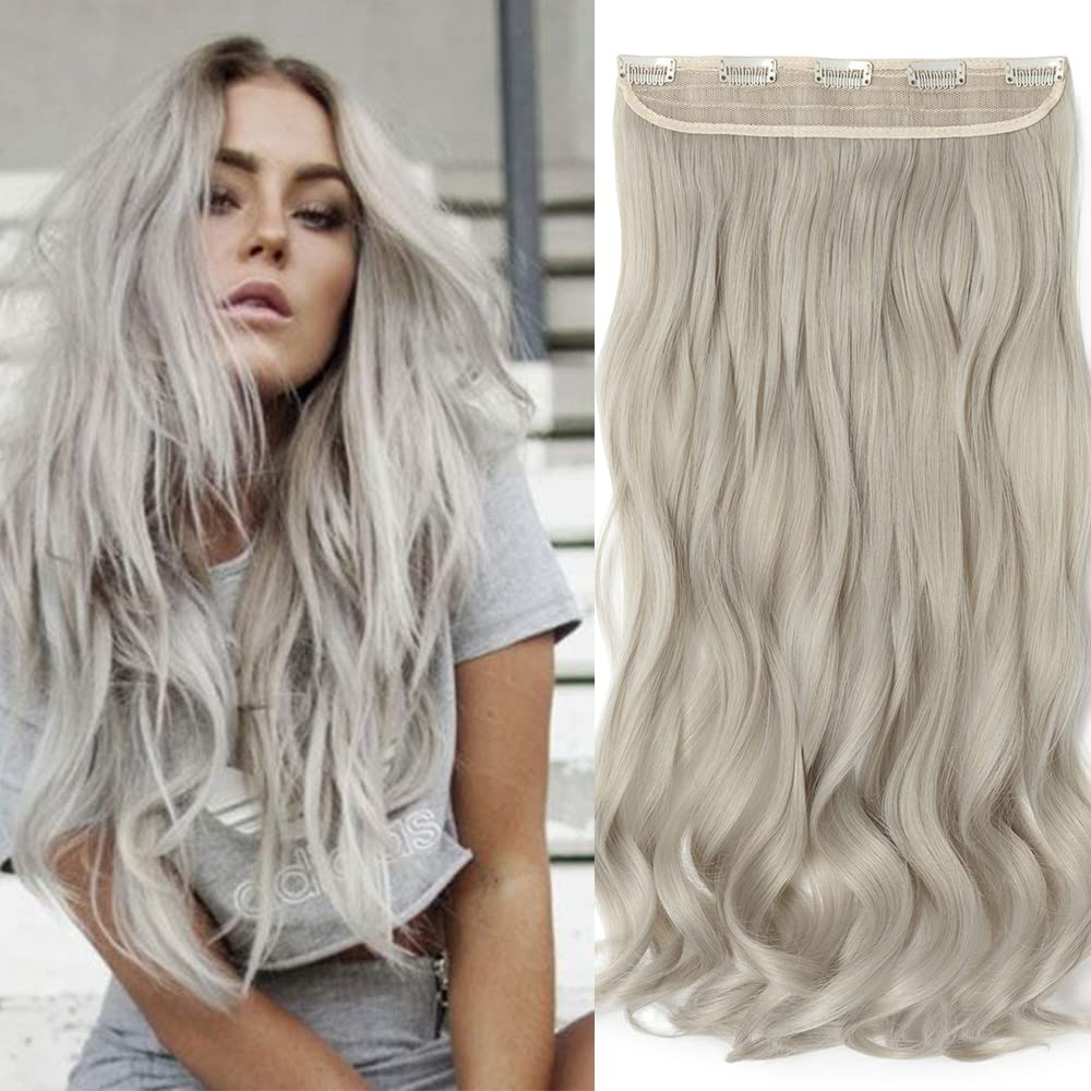 24 Inch One Piece 5 Clips Matte Material Hair Extension Curly Wavy Clip In Hairpiece Synthetic For Women Beauty, Ash Blonde Mix Silver Grey