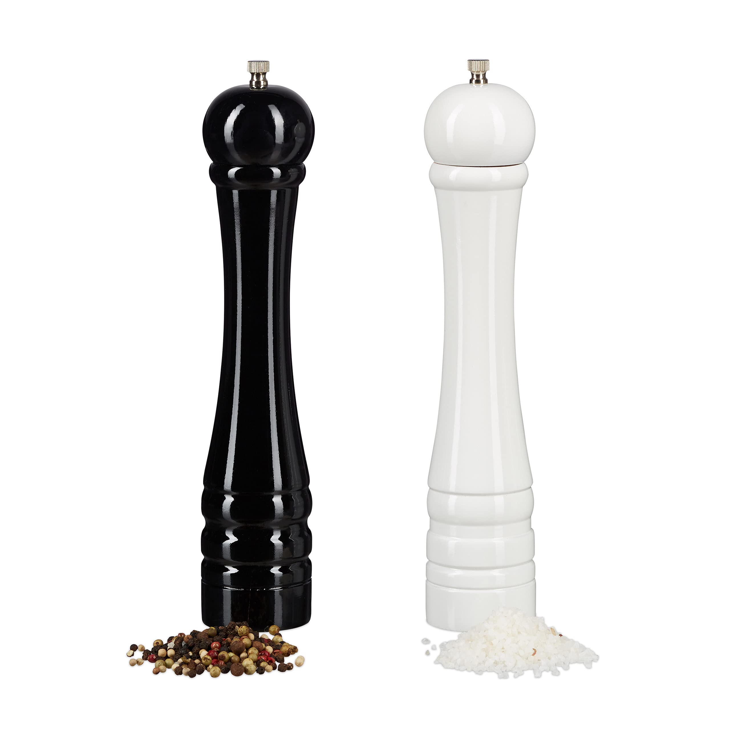 Relaxdays Wooden Spice Mills, Pepper Mill Set of 2, Ceramic Grinding Mechanism, Manual, Large, 30 cm Tall, Classic, Black-White
