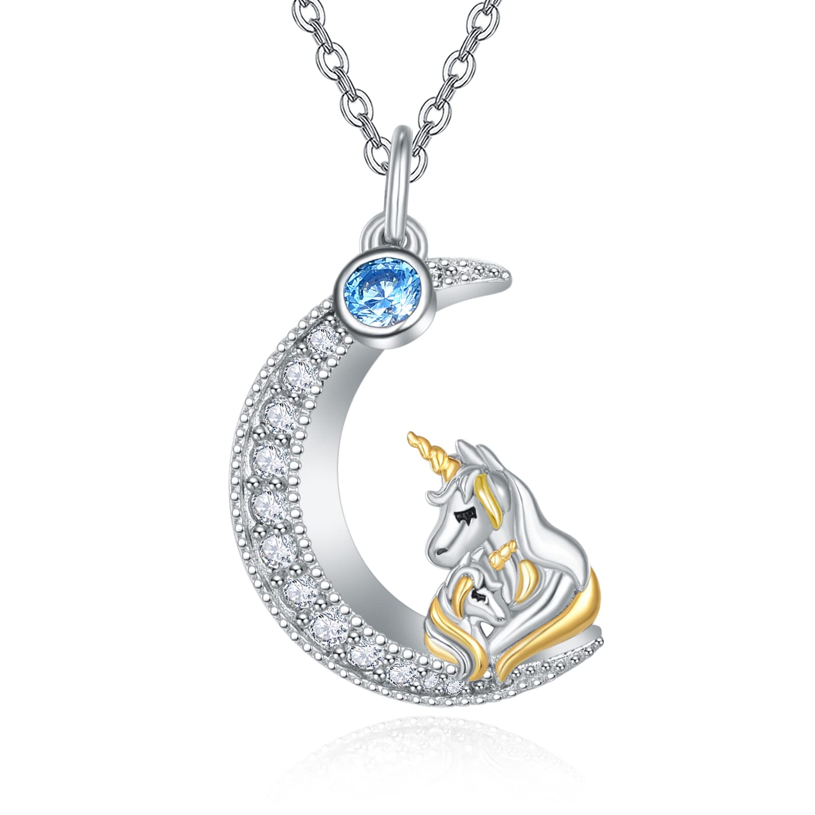 praymos Mother Daughter Unicorn Necklace 925 Sterling Silver Zircon Moon Pendant Hypoallergenic Jewellery Birthday Gift for Women Mum
