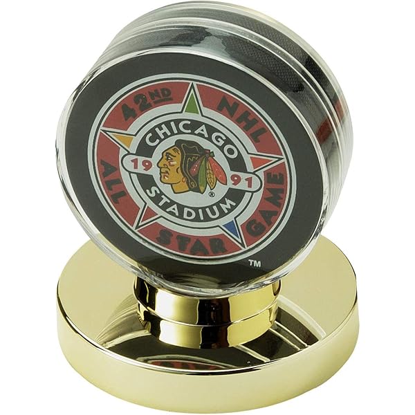 SAFTGARD Hockey Puck Display Case - Gold Base Acrylic Holder For Regulation Pucks