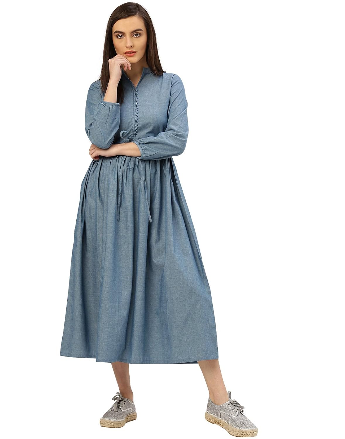 desi fusion women's a-line blue solid cotton handloom dress