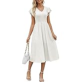MSLG Women's Elegant Summer V Neck Ruffle Sleeve Casual Dress A Line Swing Wedding Guest Cocktail Midi Dresses 721