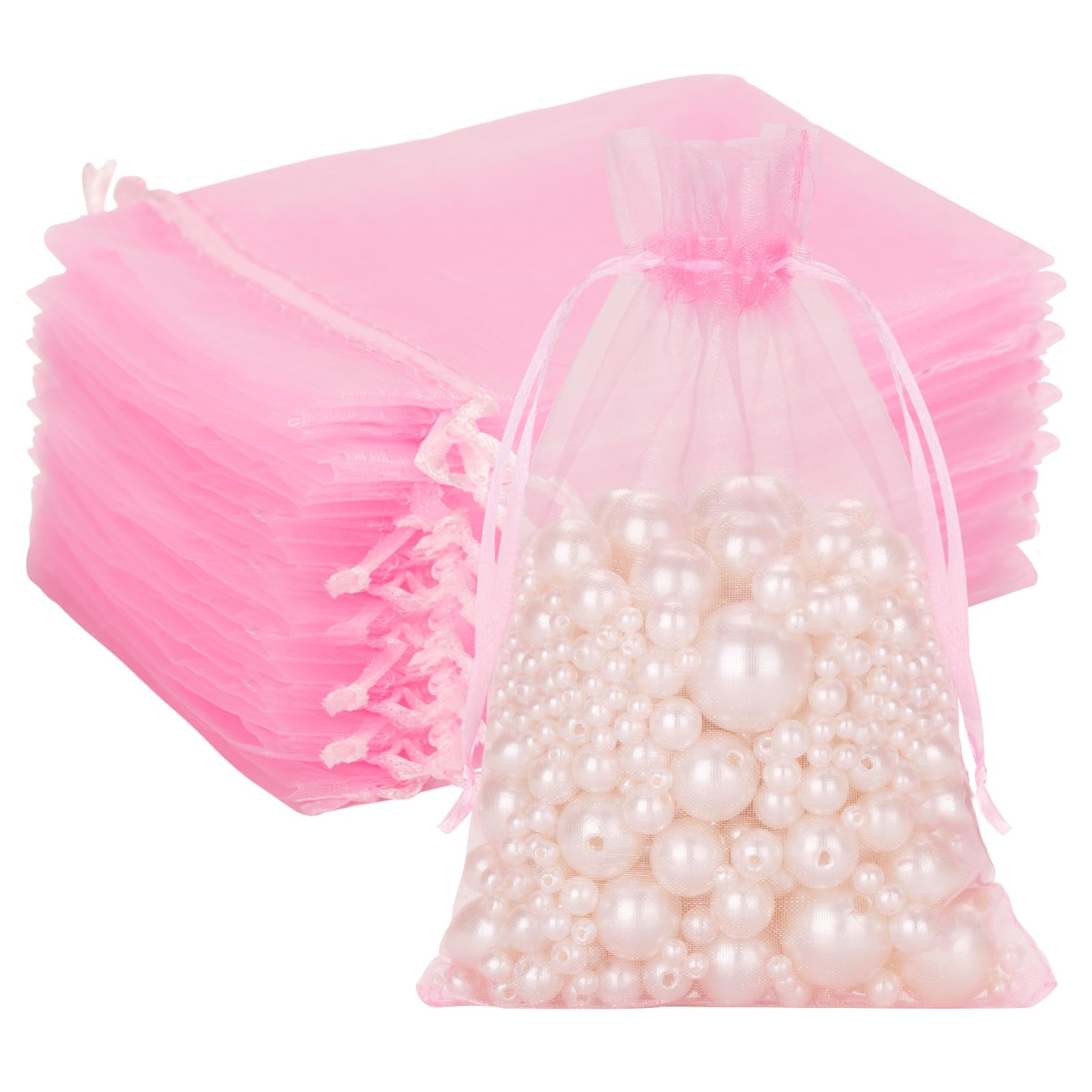 G2PLUS Pink Organza Gift Pouches - 13x18 CM Large Organza Favor Bags, 100 PCS Wedding Jewelry Bags - Clear Mesh Pouches Perfect for Wedding, Christmas, Birthday, Anniversary