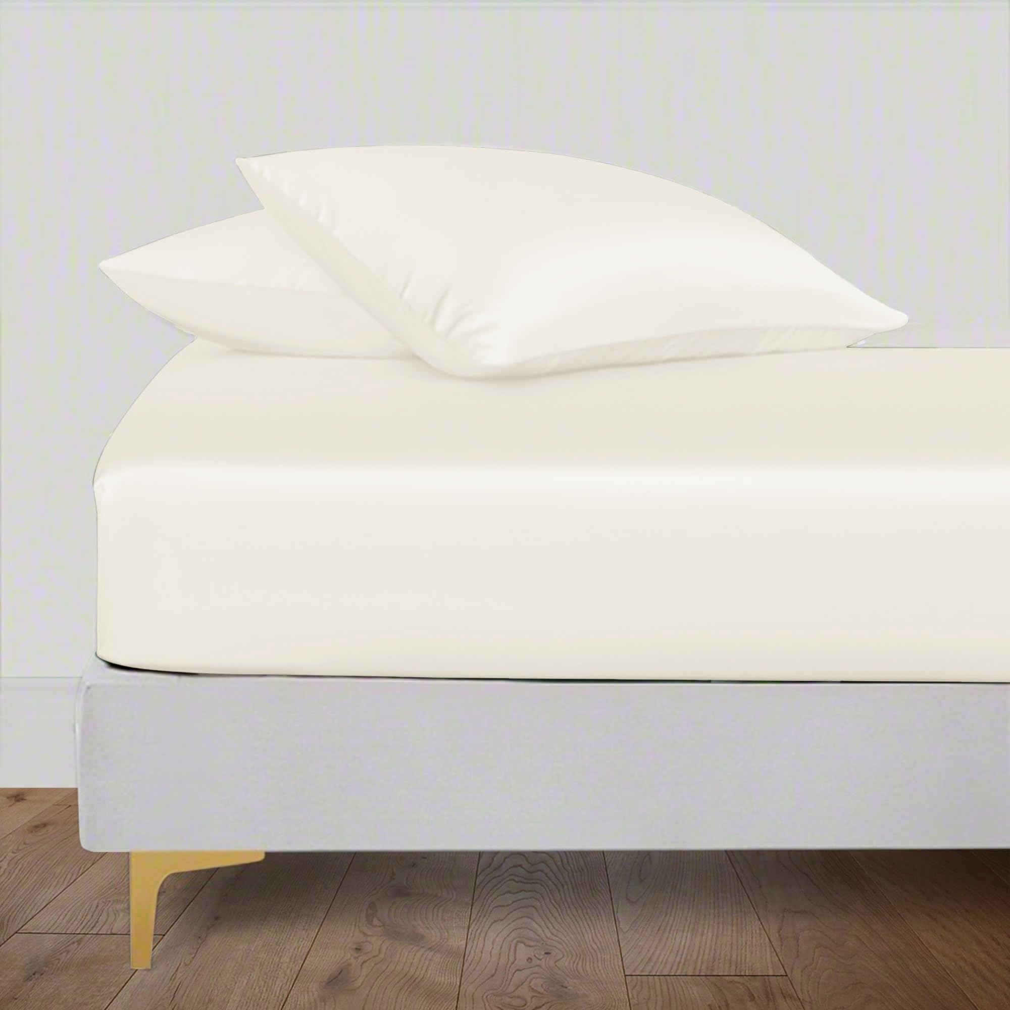 LINENWALAS 100% Eucalyptus Silk Fitted Sheet with Pillowcases, Luxury Tencel Lyocell Cooling Deep Pocket Fitted Bed Sheet, Softer than Egyptian Cotton - Anti-Allergy (Single, Ivory/Off-White)