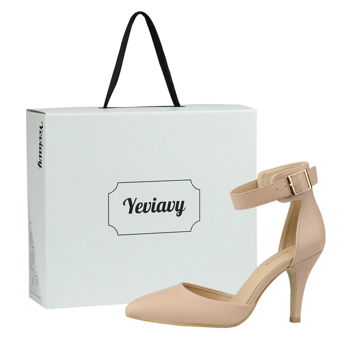Yeviavy Women\'s Pumps Shoes High Heel Pointed Toe D\'Orsay Ankle Strap Buckle Closure Dress Shoe Beige PU 7.5