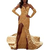 Sequin Mermaid Evening Dresses with Sleeves Detachable Sparkly Prom Dresses with Slit Homecoming Dresses Long