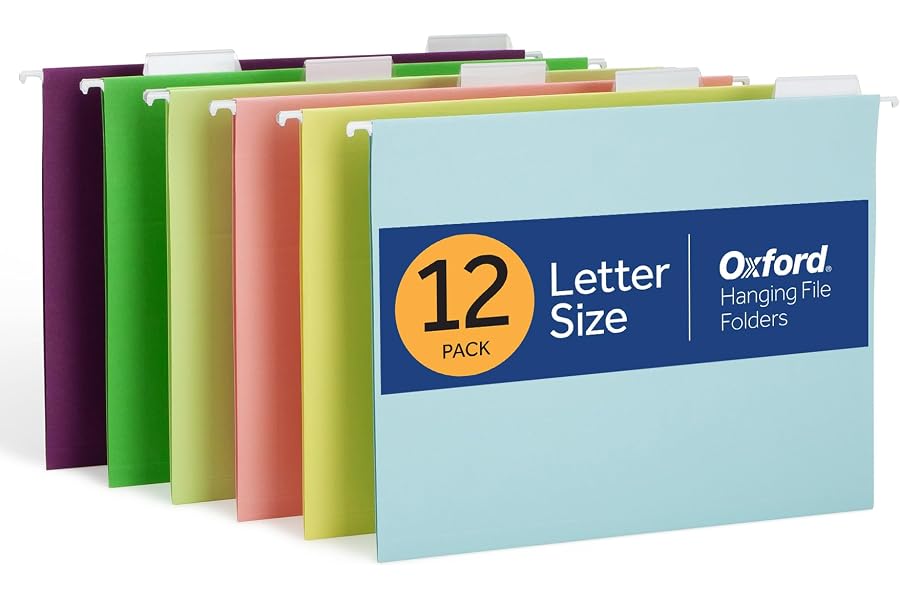 Oxford Hanging File Folders, 12 Pack, Letter Size (8.5" x 11"), 6 Assorted Colors, 5 Tab Positions, Includes Tabs and Inserts, Hanging Files for Office and Document Organization