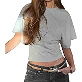 Women Y2K Grunge Wide Short Sleeve T-Shirt Round Neck Cropped Corset Top Summer Solid Color Loose Fit Tee Shirts