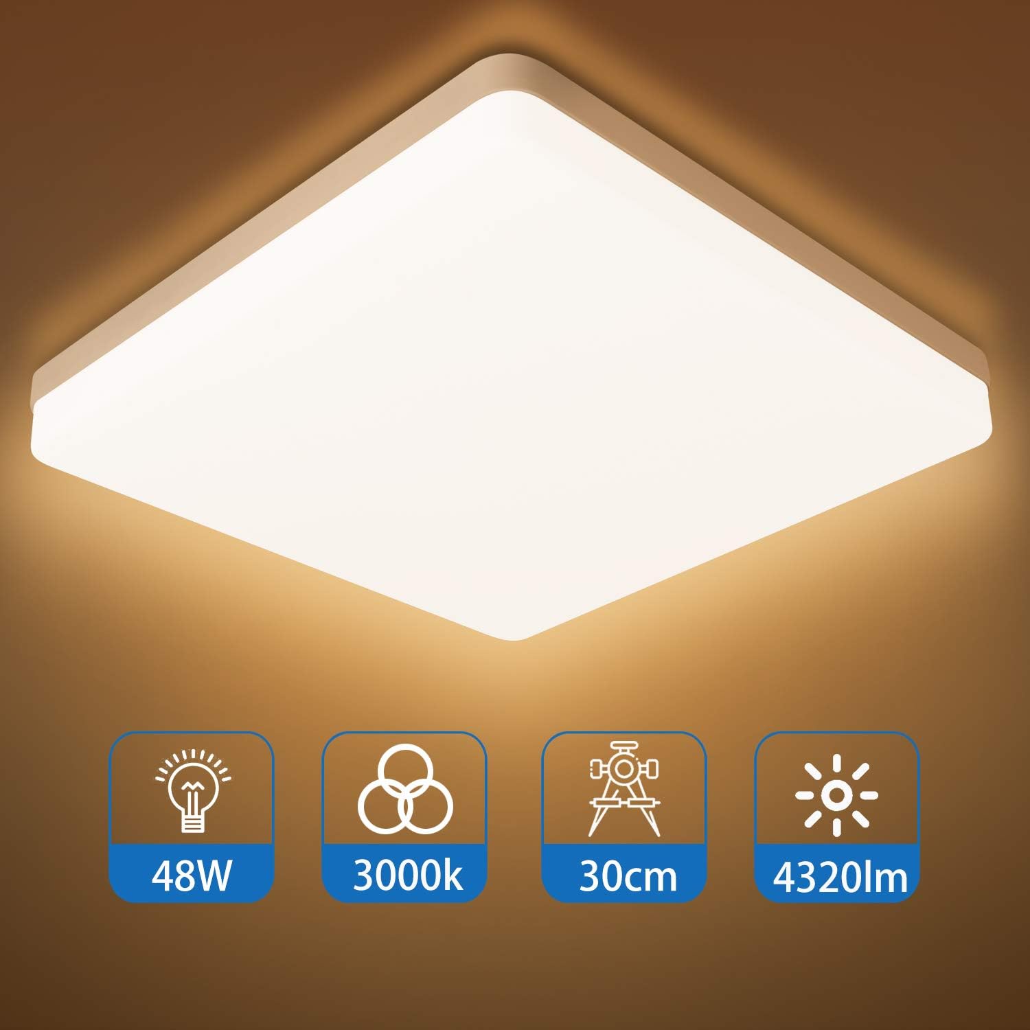 Combuh Ceiling Light 48W 12 Inch Square Flush Mount LED Close to Ceiling Lamp Fixture Warm White 3000K for Kitchen Hallway Balcony Stairwell Not-dimmable: Home Improvement