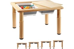 FUNLIO Wooden Sensory Table with 2 Bins for Toddlers 1-5, 4-Level Height Adjustable with Anti-Warping Plywood Lid, Indoor/Out