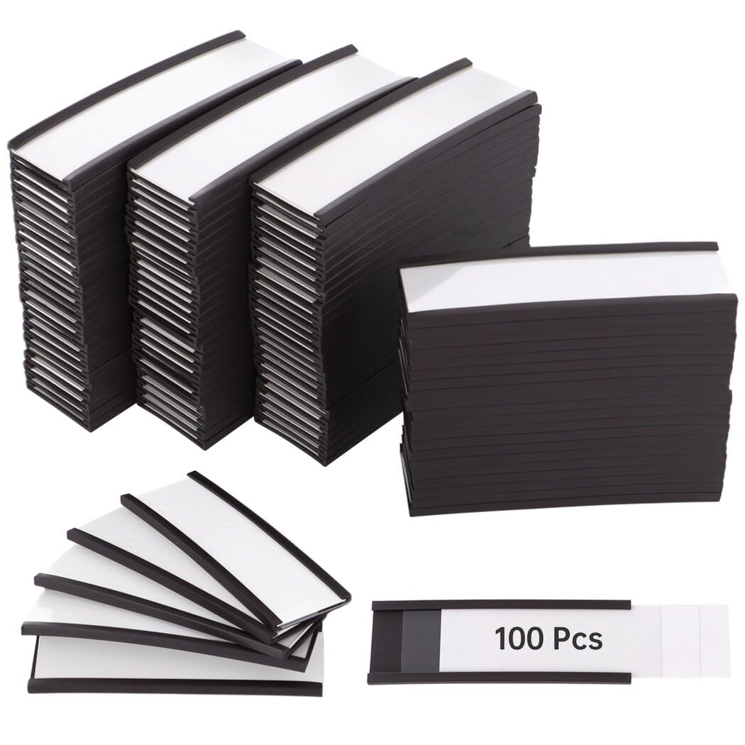 Lnrueg 100 Pcs C Channel Magnetic Label Holders, 1 x 3 Inches Magnetic Tag Holder with Paper Inserts and Clear Plastic Protectors, Data Card Holders File Cabinet Labels
