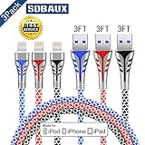 Lightning Cable[Apple MFI Certified], SDBAUX 3Pack (Black,Red,Blue) 3FT(1M) TPE+Nylon Braided 8 Pin Charging Cable Cord Lightning to USB Cable Charger for iPhone X 8 7 6 Plus 5s SE,iPad, iPod