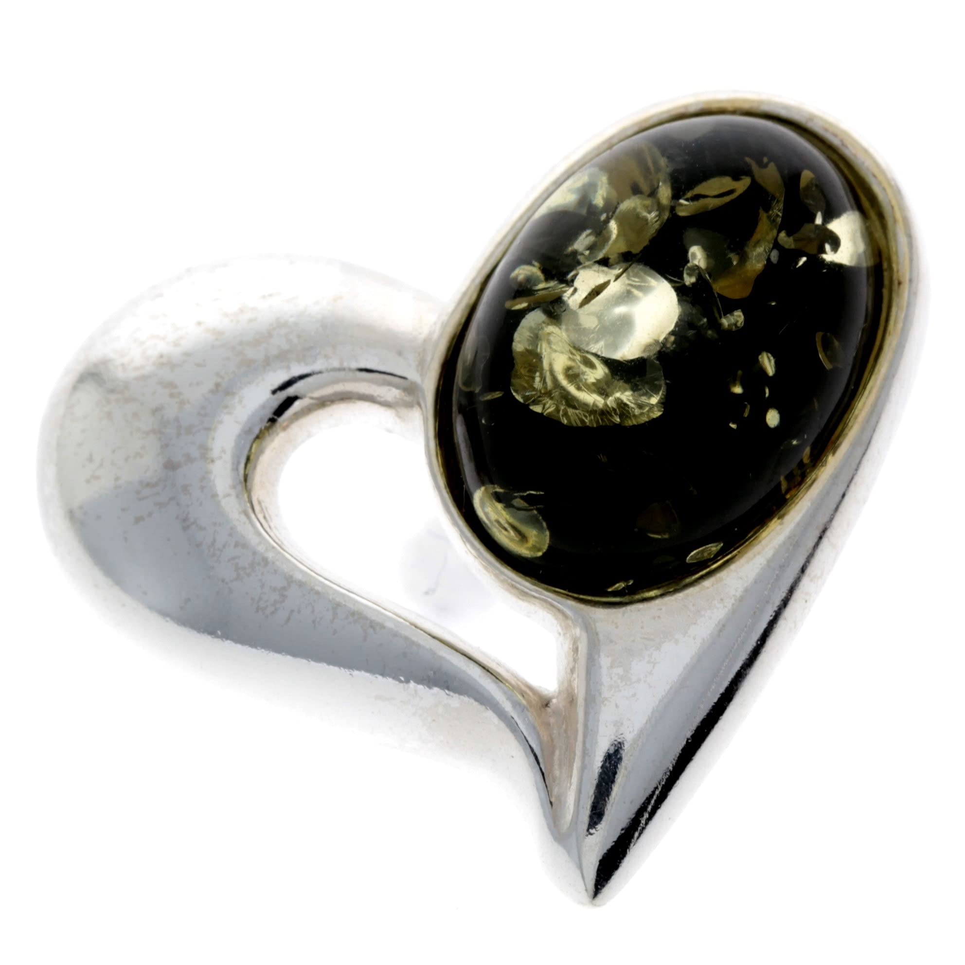 SilverAmber Jewellery - Genuine Green Baltic Amber & 925 Sterling Silver Heart Brooch - GL816G